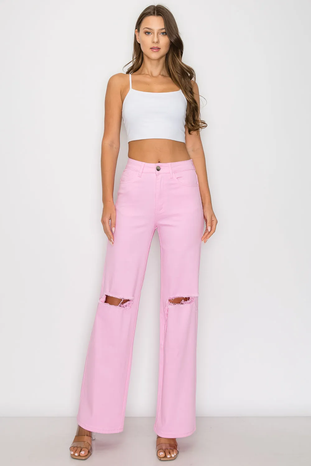LVB-230 LIGHT PINK HIGH WAISTED SUPER-STRETCH COLORED WIDE LEG JEANS