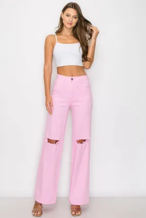 LVB-230 LIGHT PINK HIGH WAISTED SUPER-STRETCH COLORED WIDE LEG JEANS