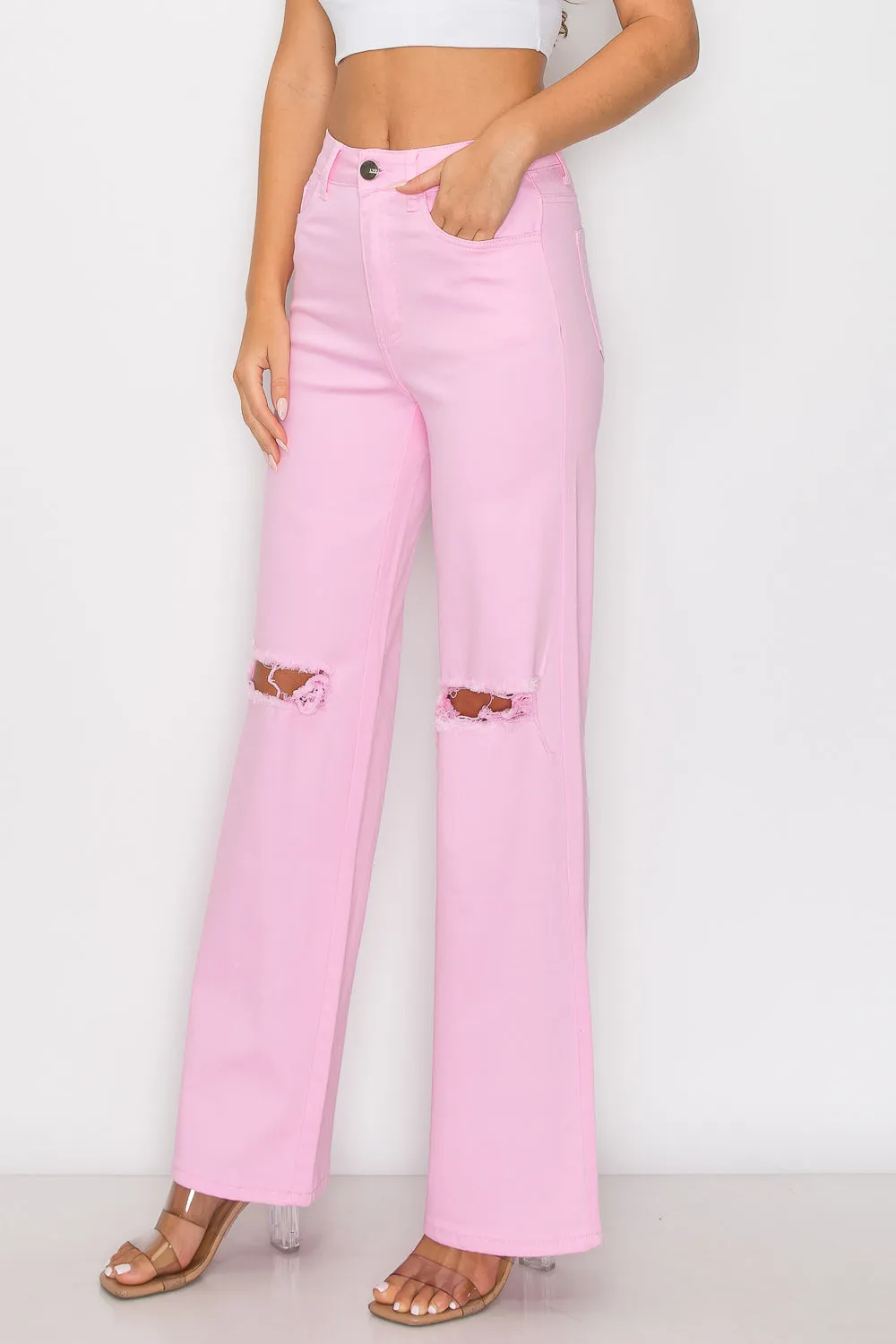 LVB-230 LIGHT PINK HIGH WAISTED SUPER-STRETCH COLORED WIDE LEG JEANS