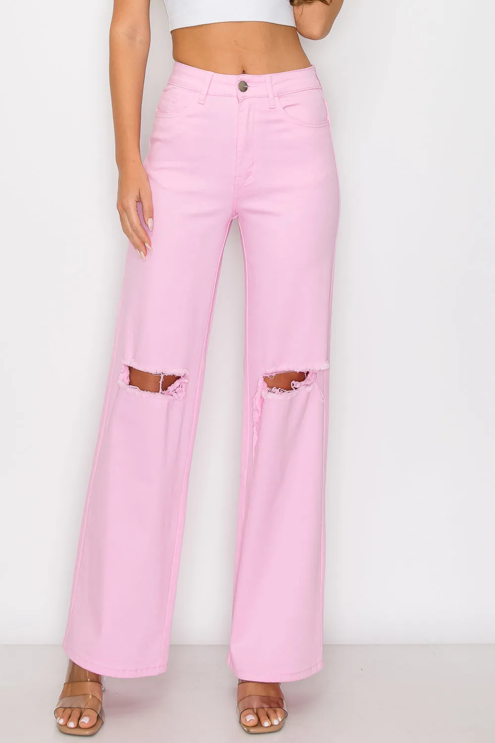 LVB-230 LIGHT PINK HIGH WAISTED SUPER-STRETCH COLORED WIDE LEG JEANS