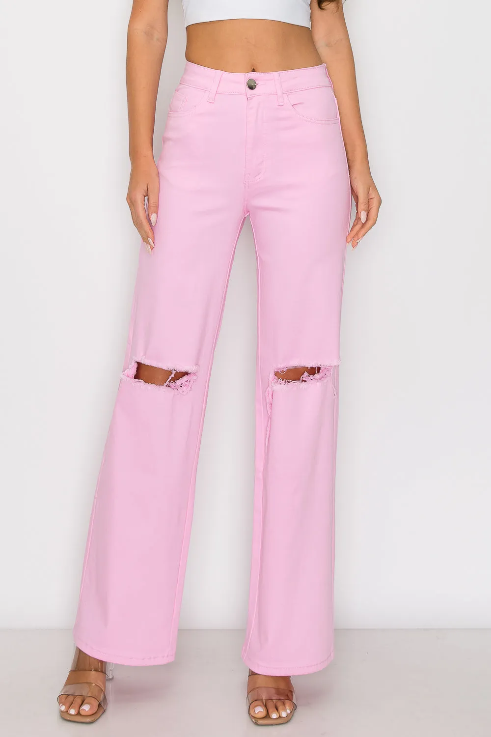 LVB-230 LIGHT PINK HIGH WAISTED SUPER-STRETCH COLORED WIDE LEG JEANS