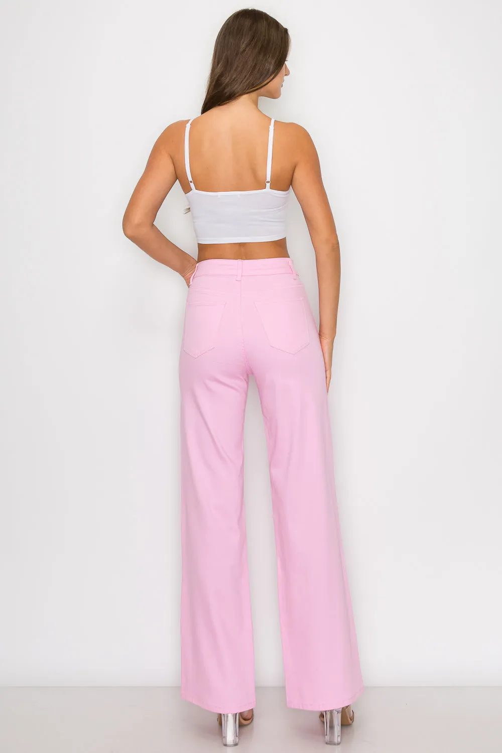 LVB-230 LIGHT PINK HIGH WAISTED SUPER-STRETCH COLORED WIDE LEG JEANS