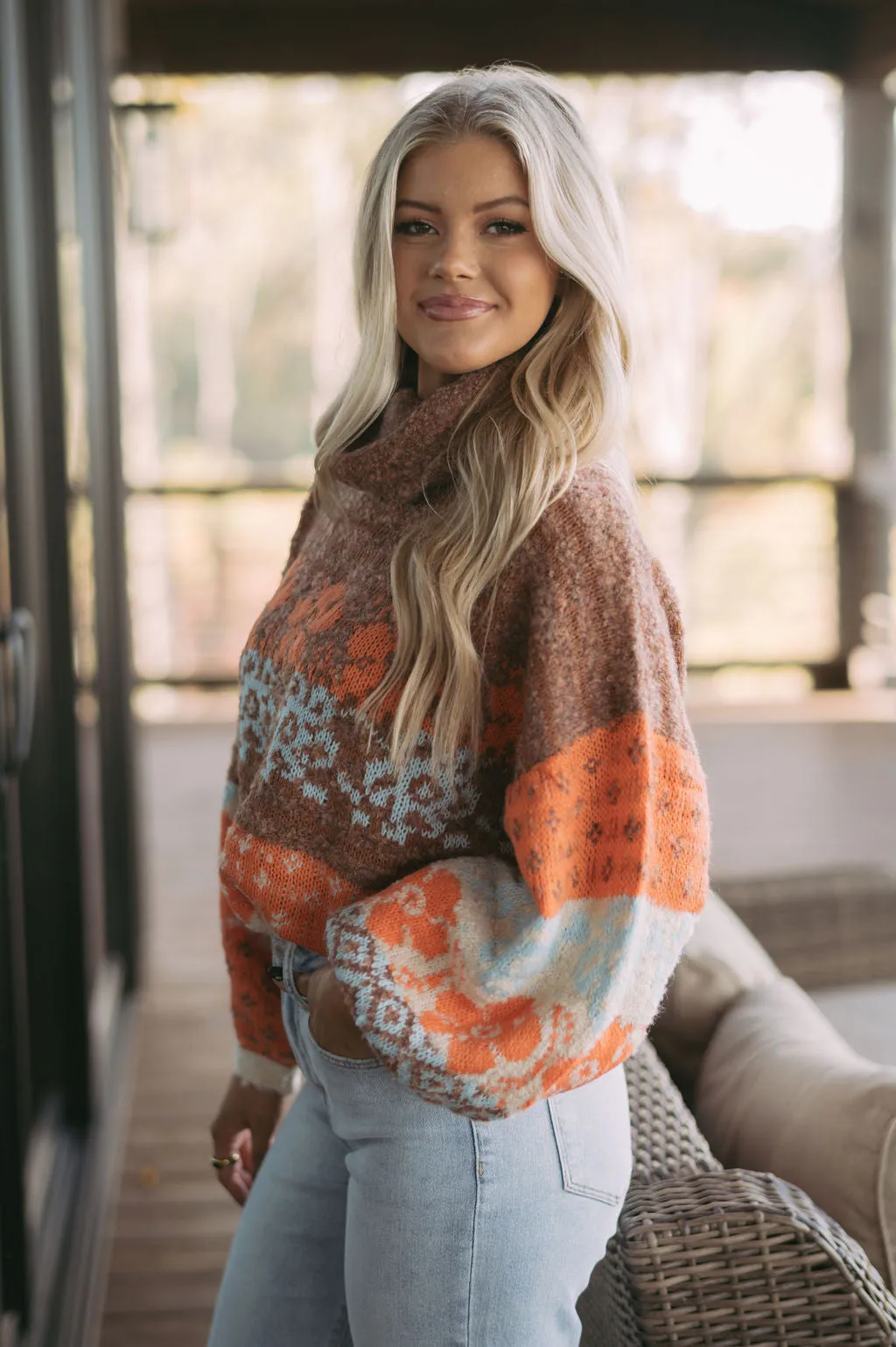 Macie Floral Turtleneck Sweater-Orange Mix