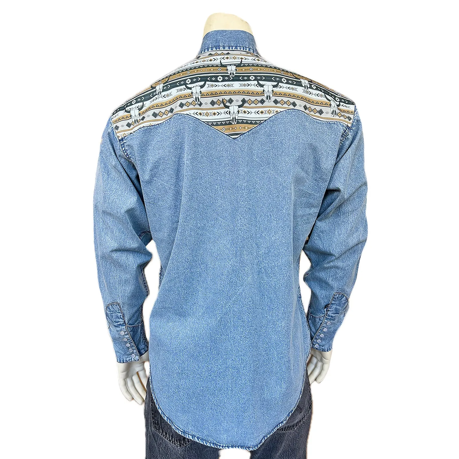 Men's Vintage 2-Tone Denim & Steer Skull Embroidery Western Shirt