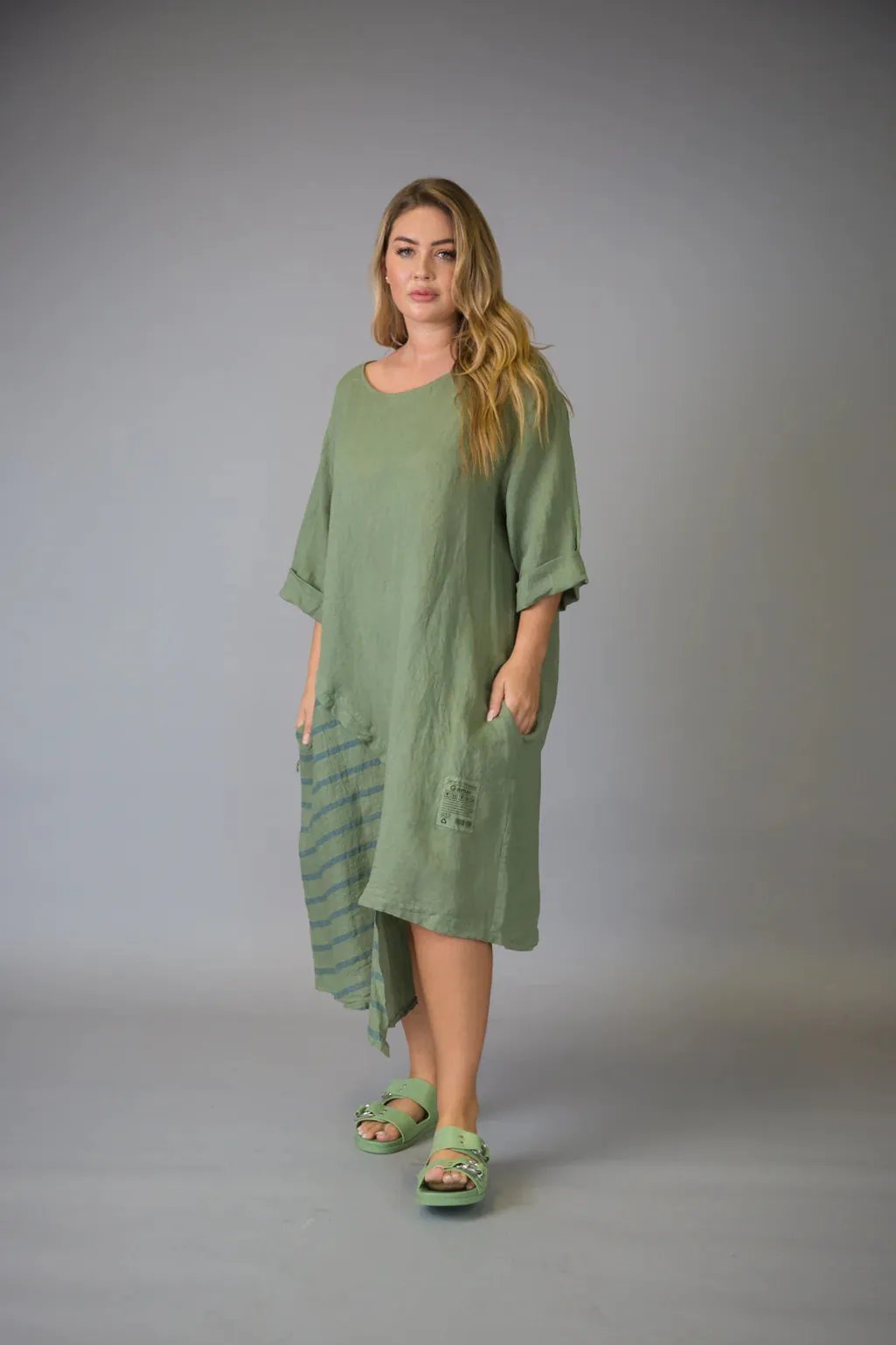 Paolo Tricot Sale, D11407 Striped Linen Dress 50% Off Regular Price