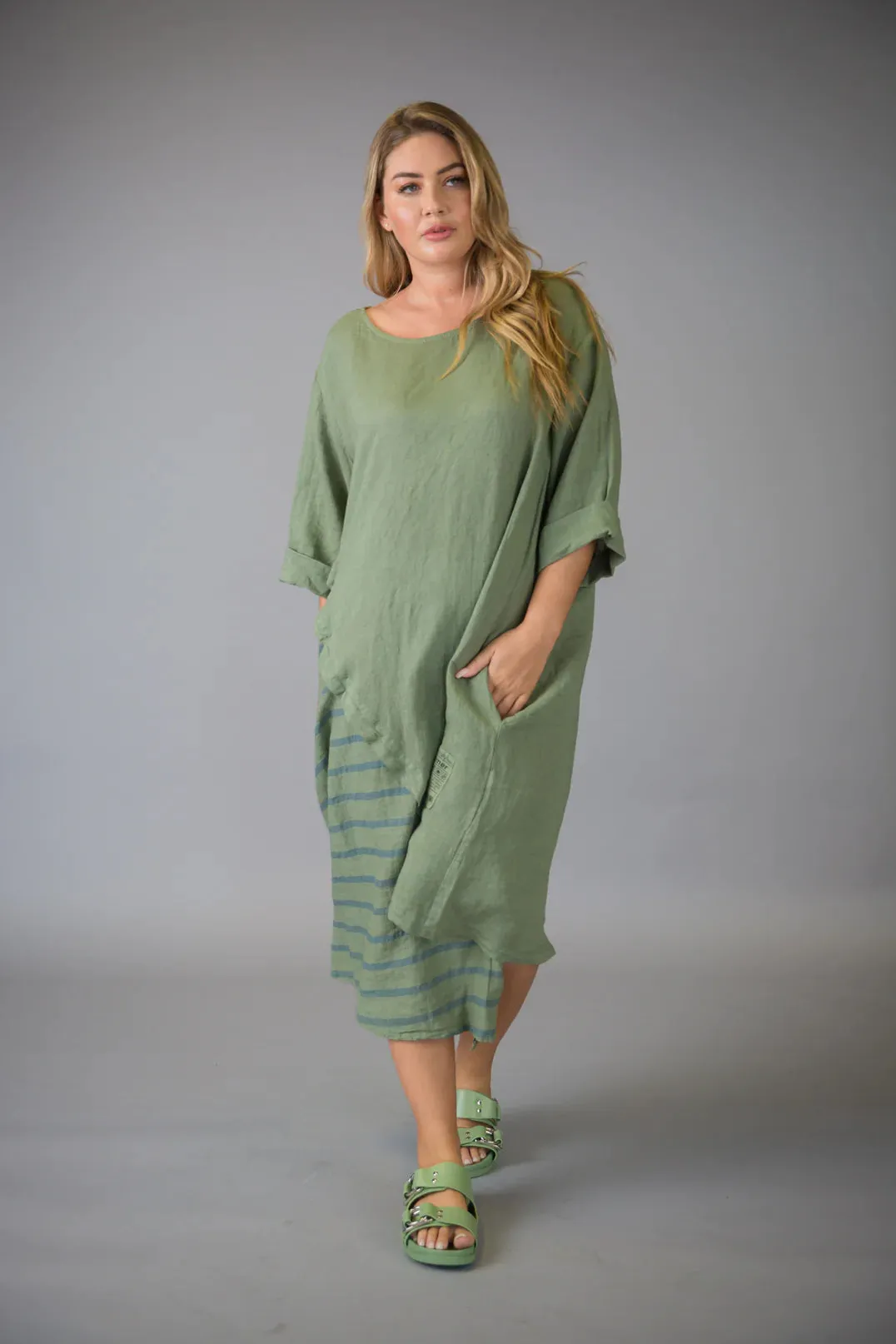 Paolo Tricot Sale, D11407 Striped Linen Dress 50% Off Regular Price
