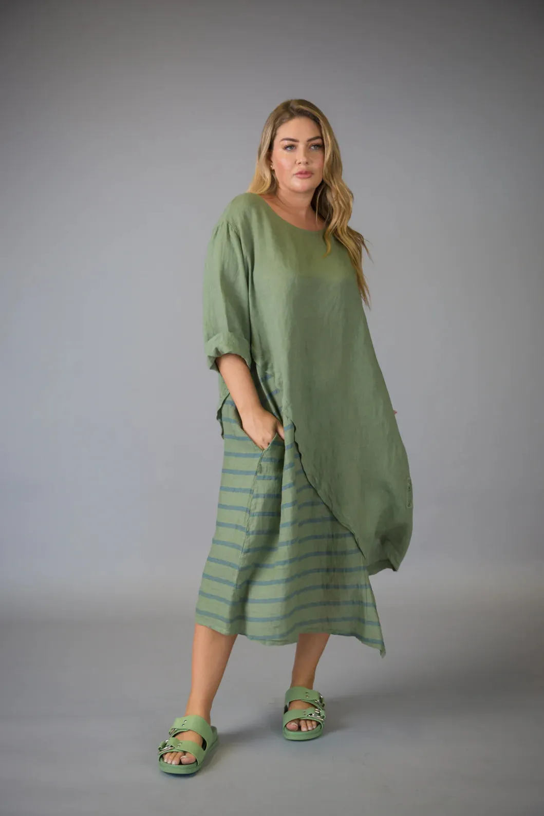 Paolo Tricot Sale, D11407 Striped Linen Dress 50% Off Regular Price