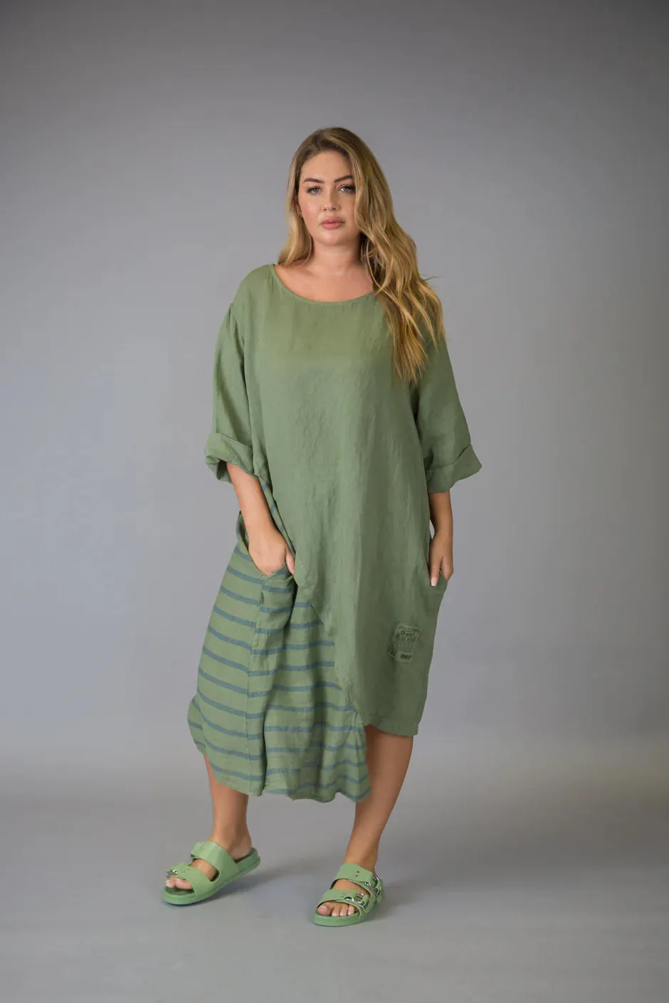 Paolo Tricot Sale, D11407 Striped Linen Dress 50% Off Regular Price
