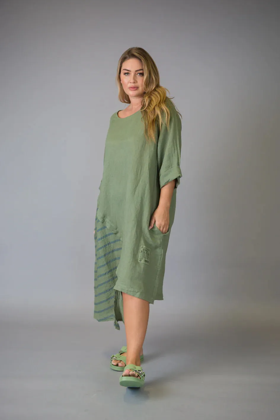 Paolo Tricot Sale, D11407 Striped Linen Dress 50% Off Regular Price