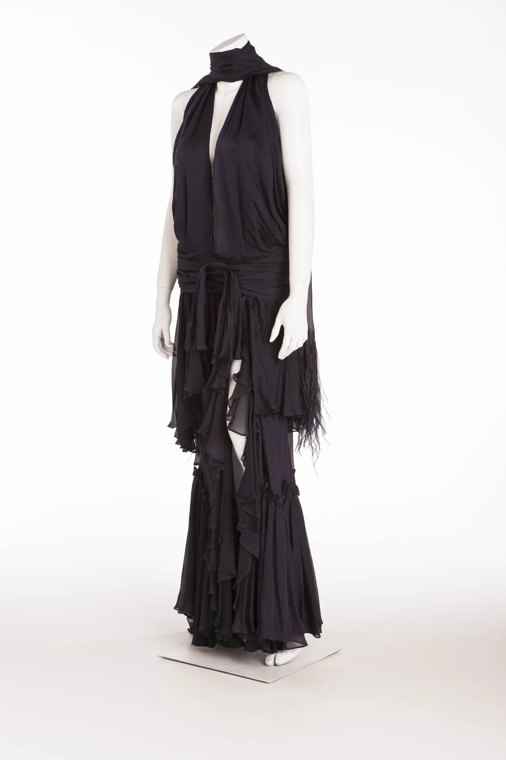 Roberto Cavalli - Midnight Blue Long Gown with Ostrich Fringe Scarf - IT 42