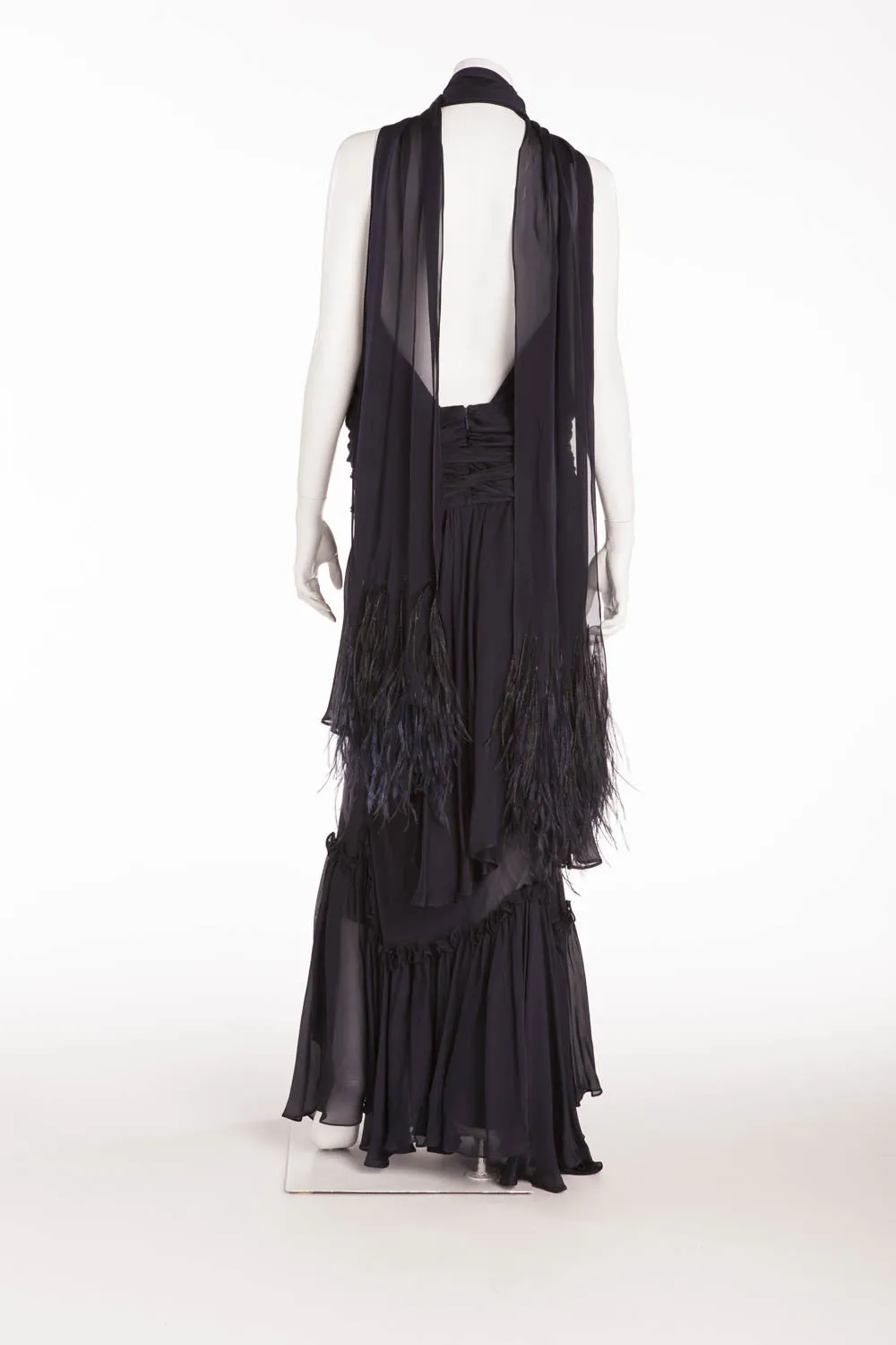Roberto Cavalli - Midnight Blue Long Gown with Ostrich Fringe Scarf - IT 42