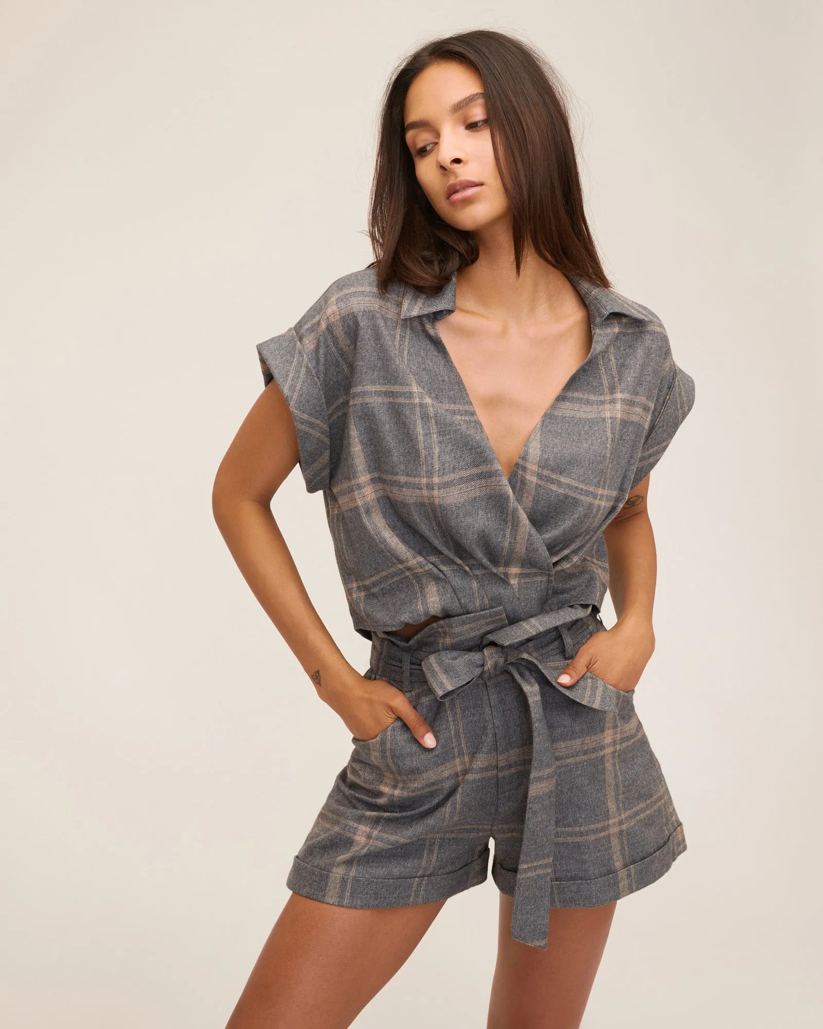 Rowe Lightweight Flannel Drop Shoulder Top in Fog Grey Plaid