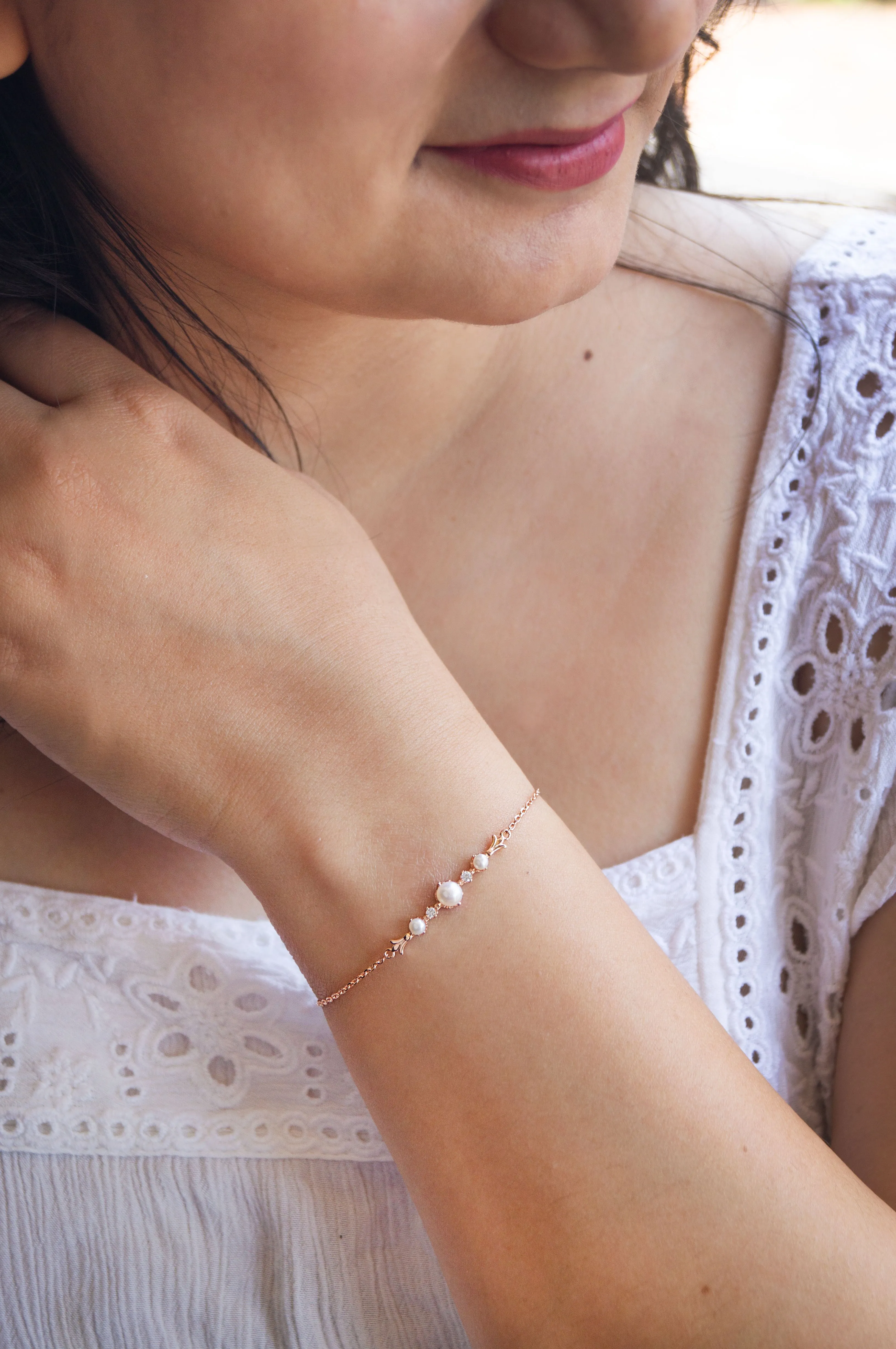 Royal Pearl Rose Gold Plated Sterling Silver Chain Bracelet