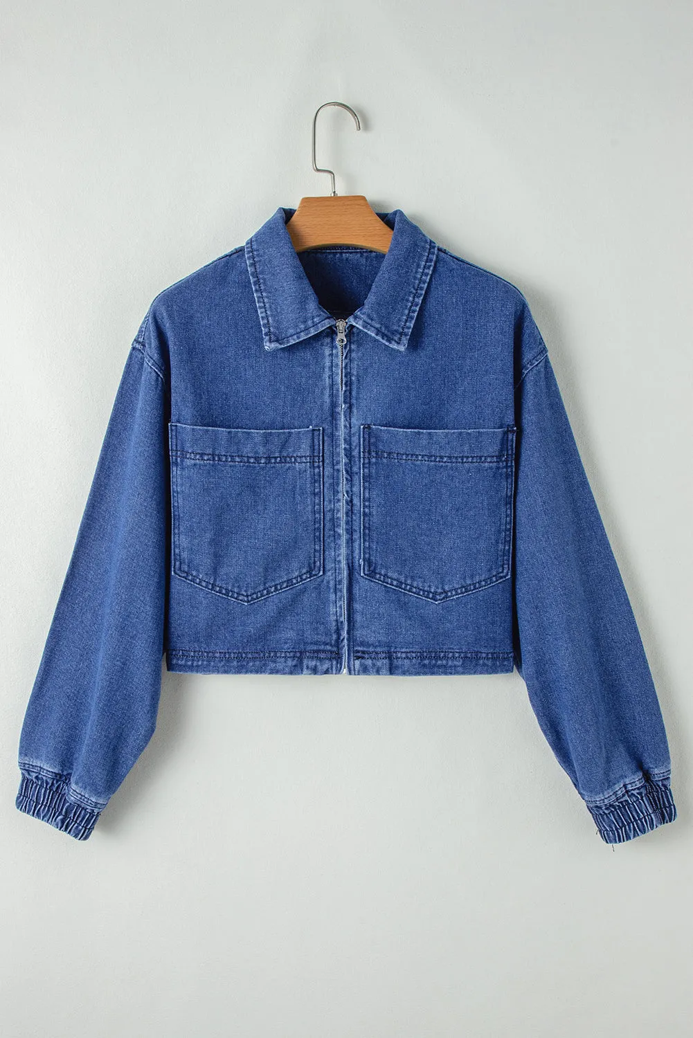 Sail Blue Large Side Pockets Zip-up Denim Jacket