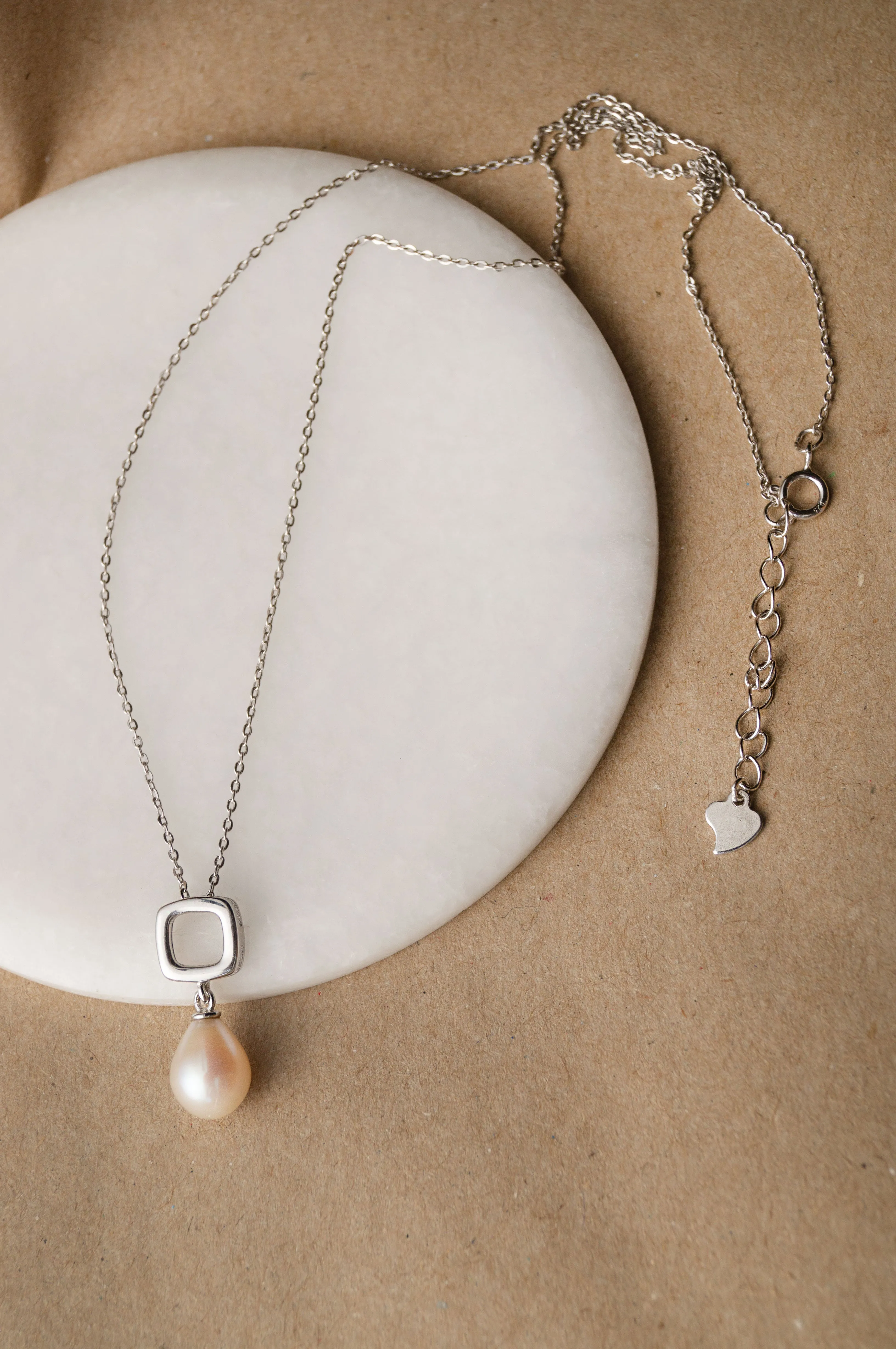 Square With Pearl Droplet Sterling Silver Chain Necklace