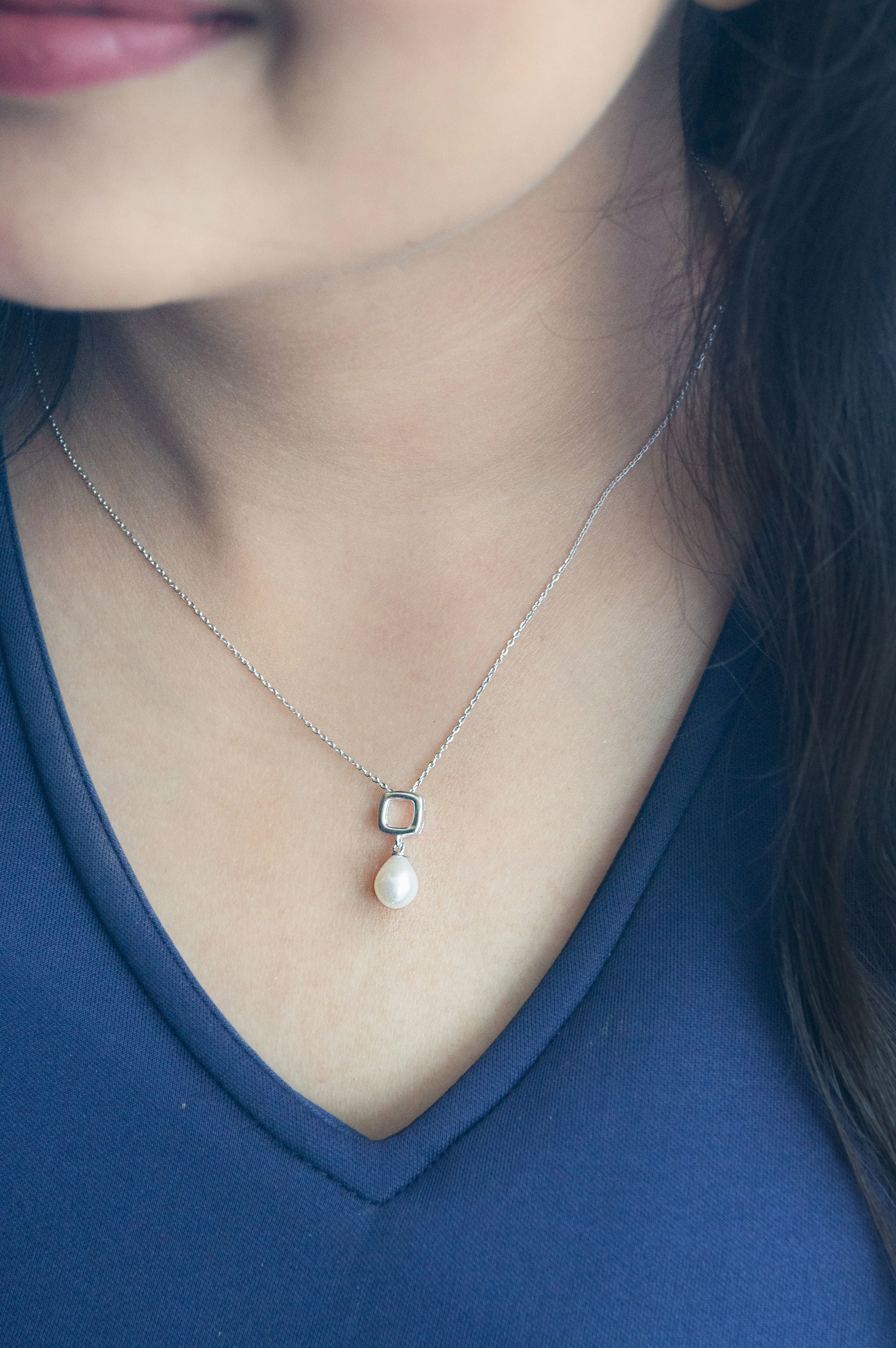 Square With Pearl Droplet Sterling Silver Chain Necklace
