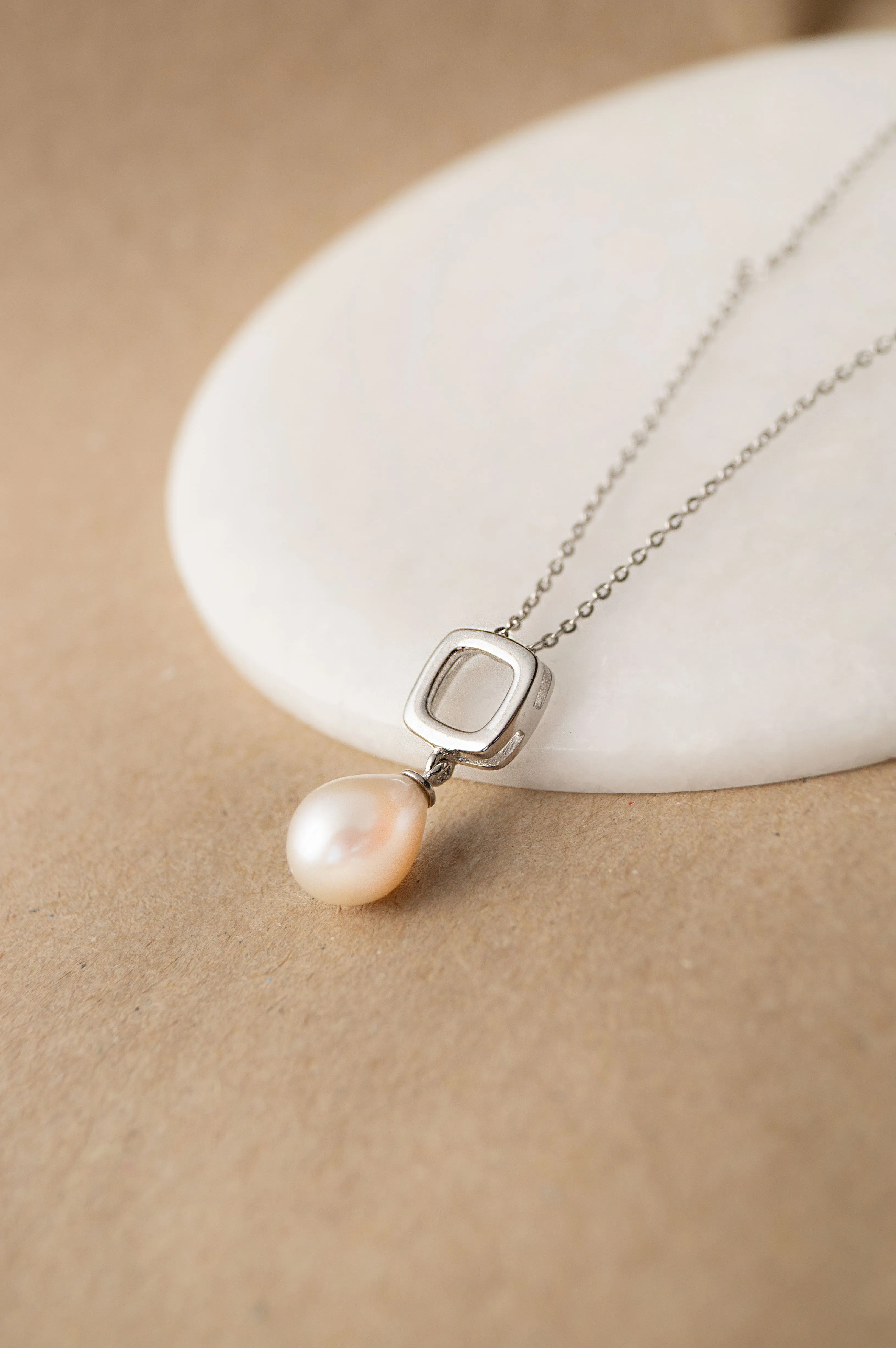 Square With Pearl Droplet Sterling Silver Chain Necklace