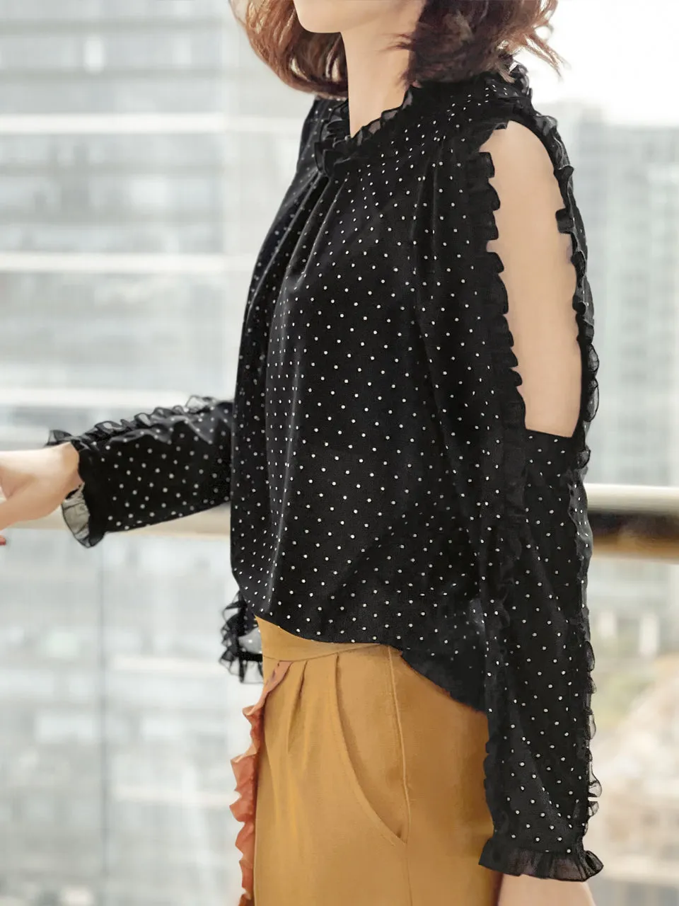 Surprise Sale! Dotty Ruffle Cut Out Sleeves Jersey Blouse