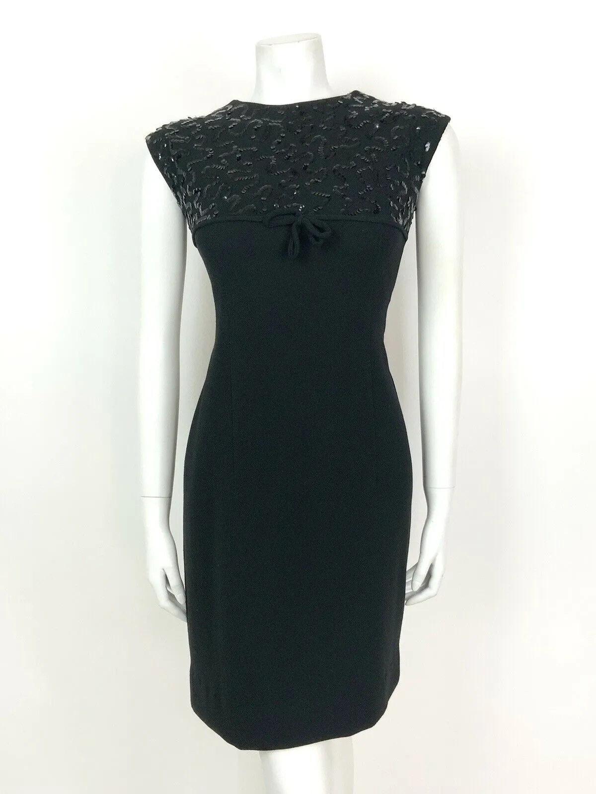 VINTAGE 60s 70s BLACK SEQUIN SQUIGGLE EMPIRE LINE DISCO PARTY SHIFT DRESS 8