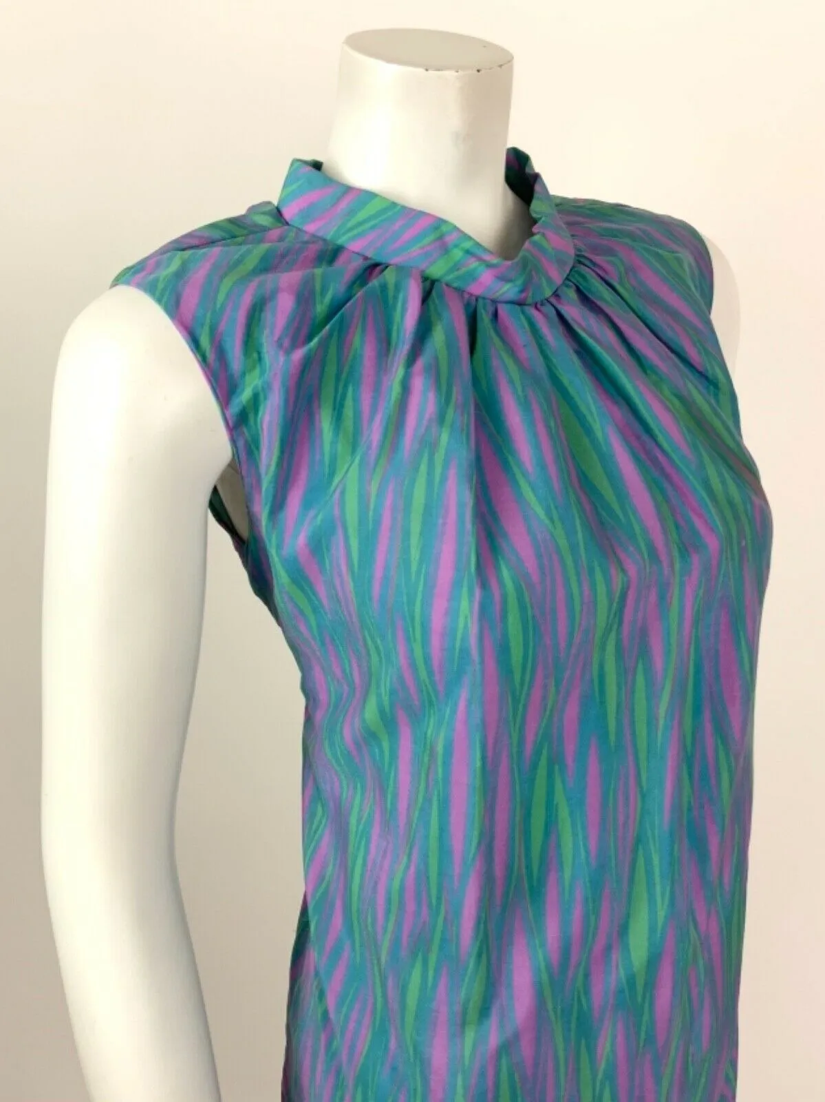 VINTAGE 60s 70s BLUE PURPLE GREEN PSYCHEDELIC WAVY MOD A-LINE DRESS 12 14