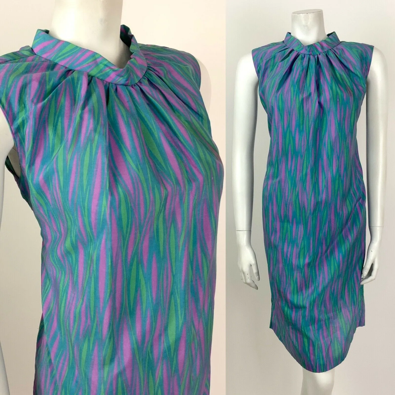 VINTAGE 60s 70s BLUE PURPLE GREEN PSYCHEDELIC WAVY MOD A-LINE DRESS 12 14