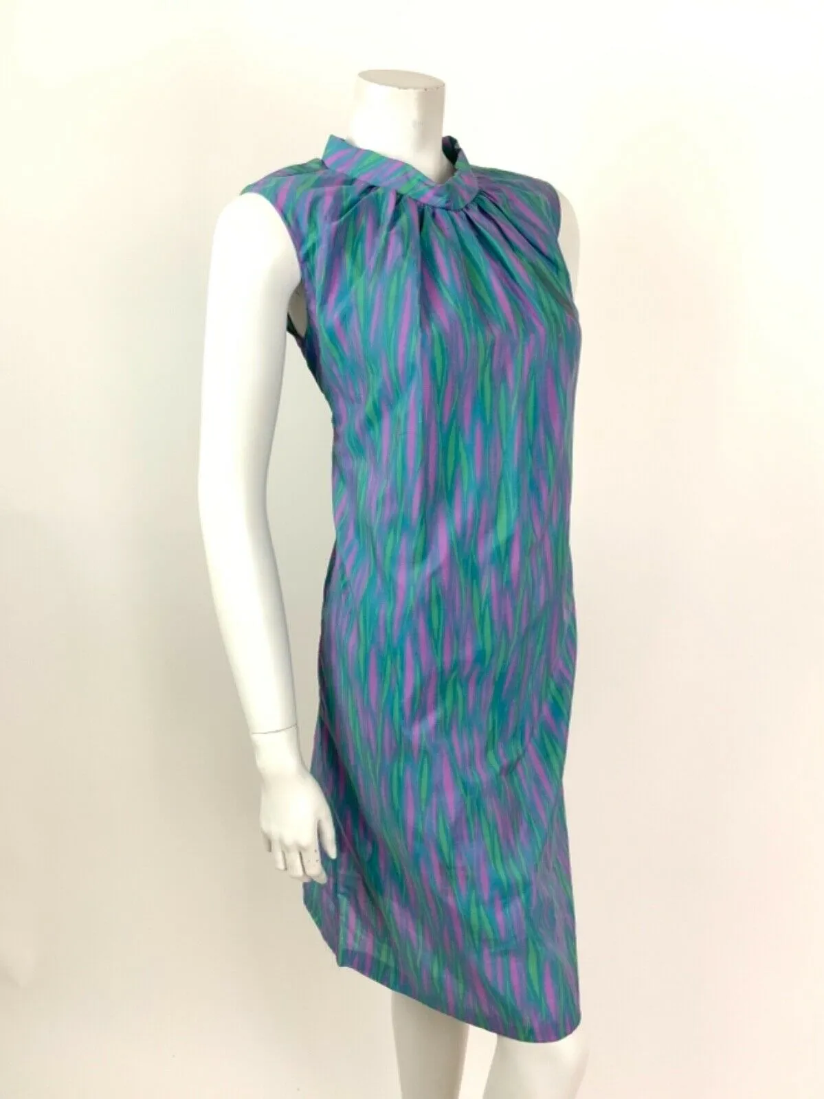 VINTAGE 60s 70s BLUE PURPLE GREEN PSYCHEDELIC WAVY MOD A-LINE DRESS 12 14