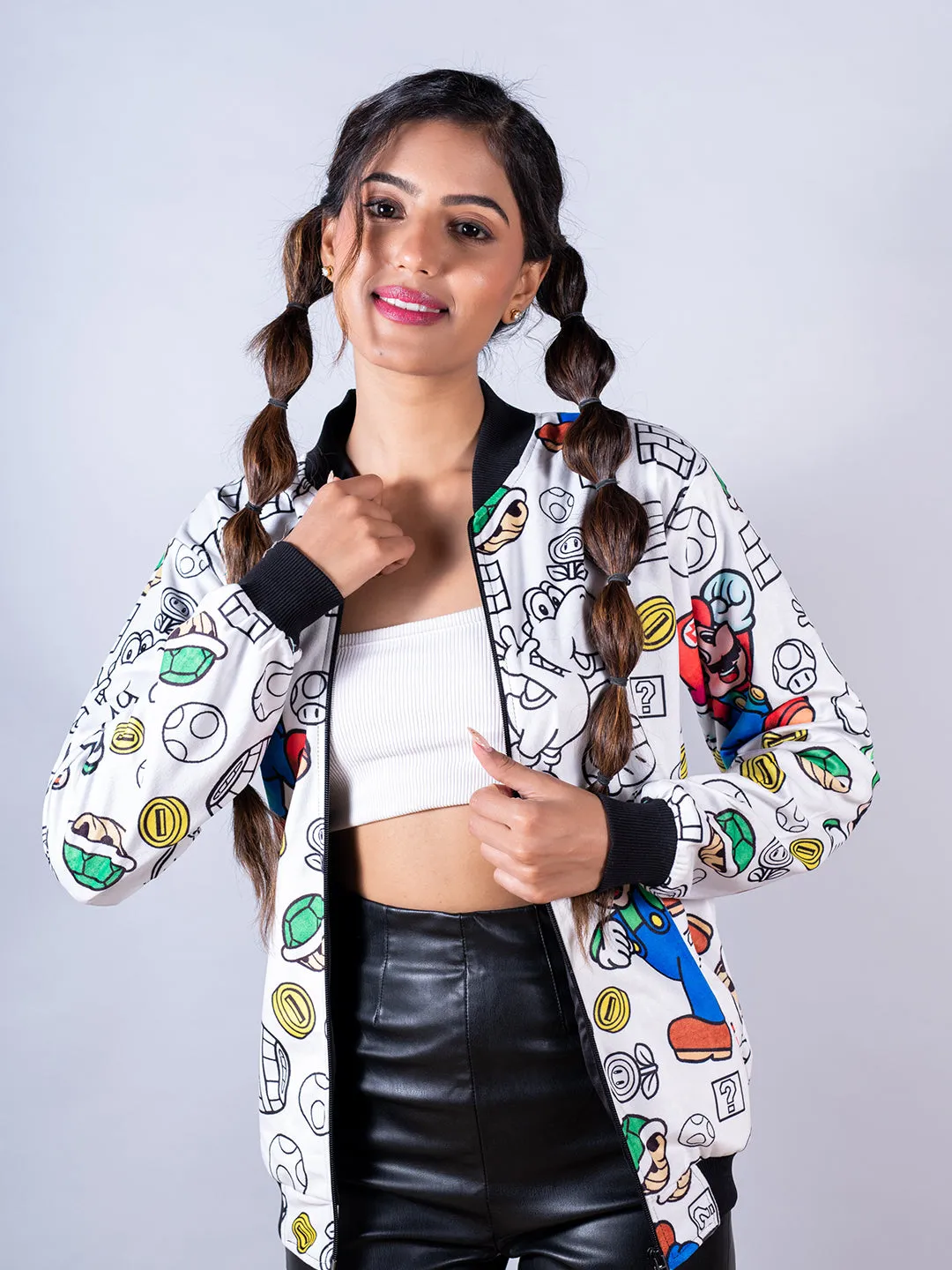 White Super Mario Printed Velvet Jacket