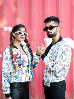 White Super Mario Printed Velvet Jacket