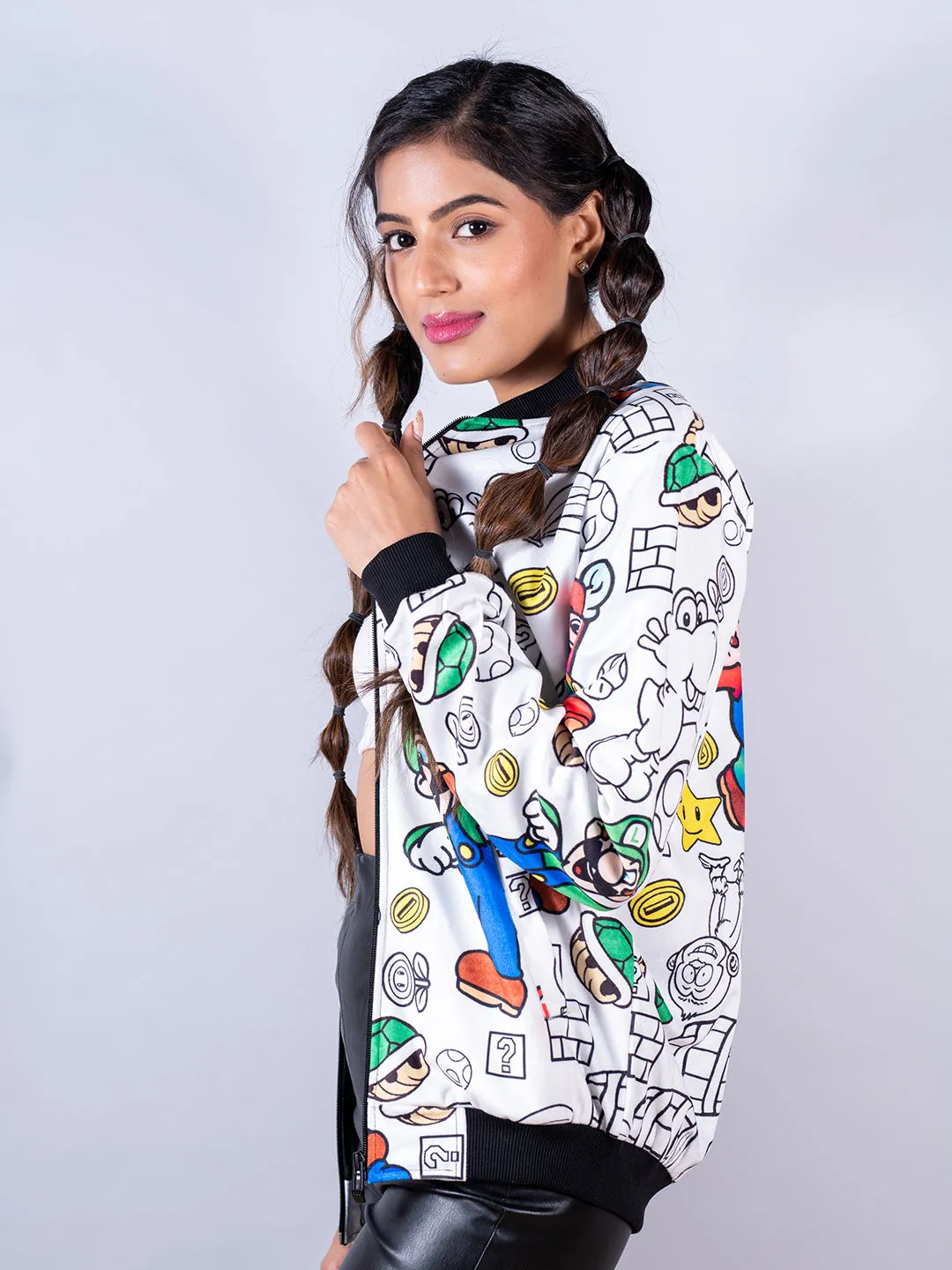 White Super Mario Printed Velvet Jacket