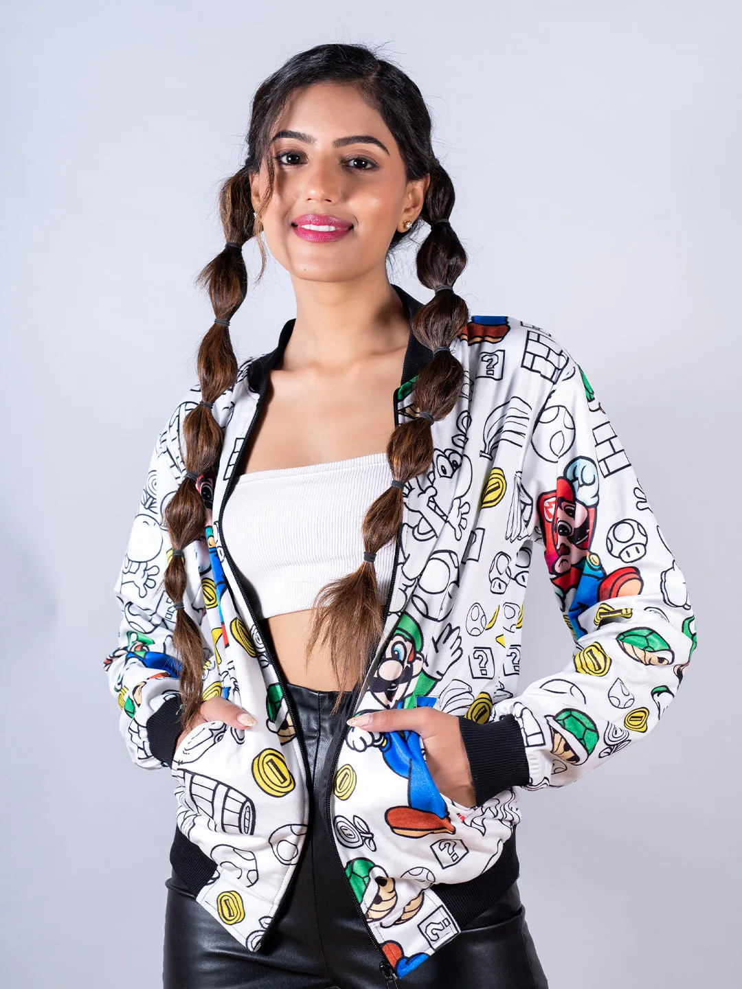 White Super Mario Printed Velvet Jacket