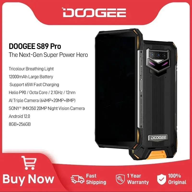 World Premiere DOOGEE S89 Pro Rugged Phone 12000mAh Large Battery Smartphone Helio P90 64MP Camera Phone 8GB 256GB NFC Phone 65W